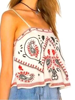 Free People Flirt Alert Embroidered Tube Cami Top M Boho Paisley Cotton
